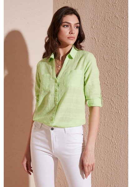 Pamuklu Çift Cepli Slim Fit Katlanabilir Kollu Ince Gömlek Bayan Gömlek 514257518