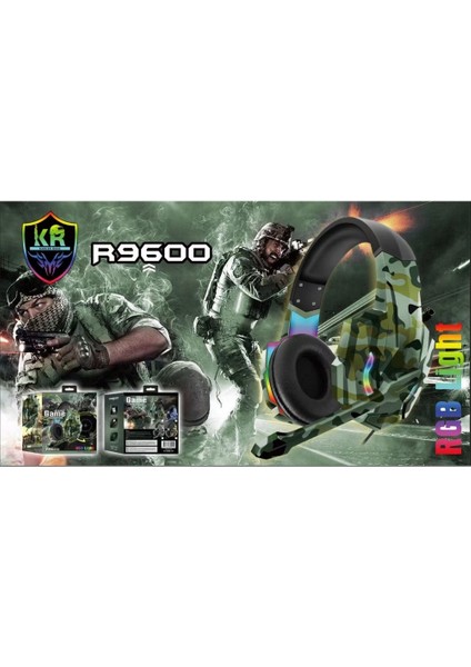 R9600 Rgb Işıklı Oyuncu Kulaklığı Kamuflaj Desenli Tasarım