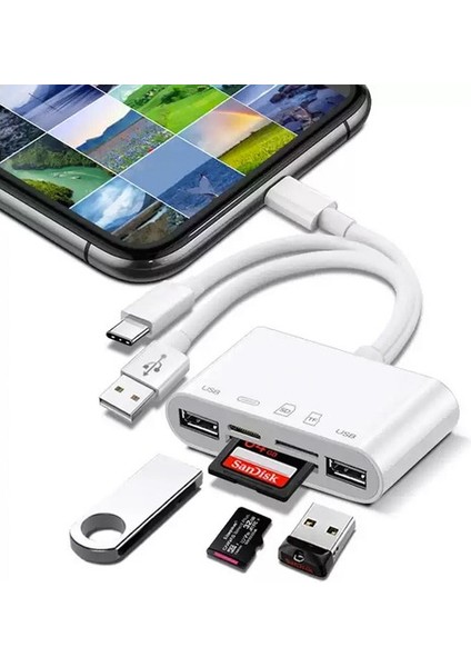 NK-1032 Pro Type-C Lightning Usb-A To 2x Usb3.0 Sd Tf Pd Kart Okuyucu Çevirici Hub Adaptör NK-1032