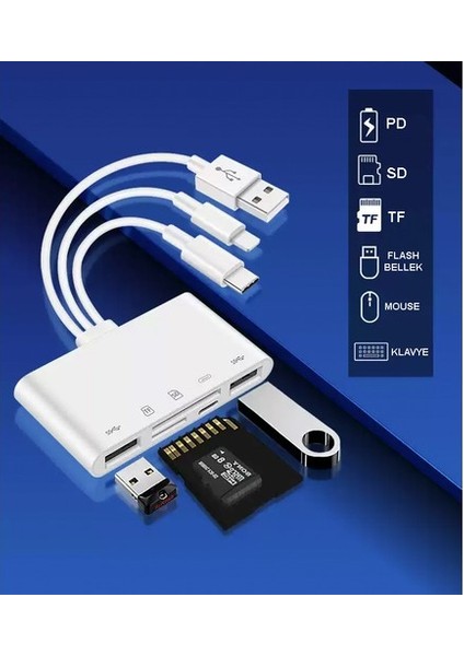 NK-1032 Pro Type-C Lightning Usb-A To 2x Usb3.0 Sd Tf Pd Kart Okuyucu Çevirici Hub Adaptör NK-1032