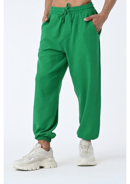 Erkek Jogger Fit Lastikli Yeşil Keten Pantolon