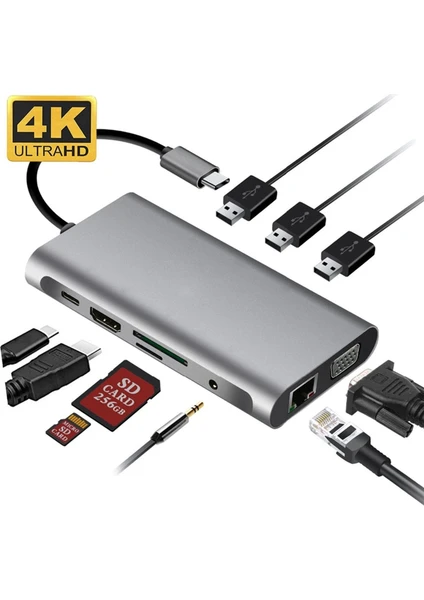 FC31 Macbook Uyumlu Type-C™ Ubs-C To 3* USB 3.0 4K 1080P Hd HDMI VGA RJ45 Pd Aux Sd Tf 10IN1 Çevirici Hub Adaptör FC32