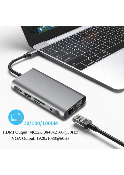 FC31 Macbook Uyumlu Type-C™ Ubs-C To 3* USB 3.0 4K 1080P Hd HDMI VGA RJ45 Pd Aux Sd Tf 10IN1 Çevirici Hub Adaptör FC32