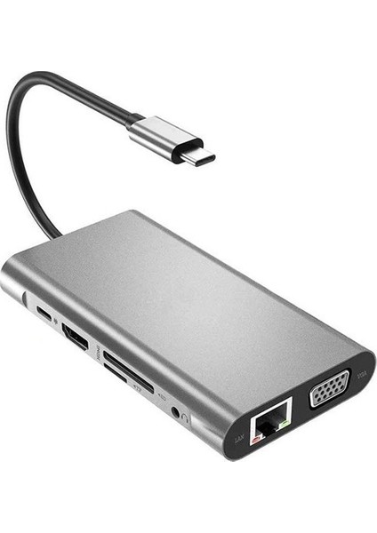 FC31 Macbook Uyumlu Type-C™ Ubs-C To 3* USB 3.0 4K 1080P Hd HDMI VGA RJ45 Pd Aux Sd Tf 10IN1 Çevirici Hub Adaptör FC32