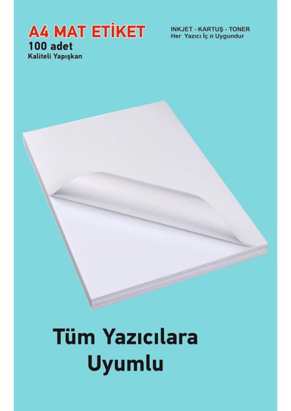 Kartuşlu Mürekkepli Tüm Yazıcılara Uygun 100 Adet Yapışkanlı Mat Kuşe Etiket Yapışkan A4