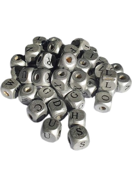 Ahşap Küp Harfli Boncuk 10X10 mm 100 Gram Gümüş