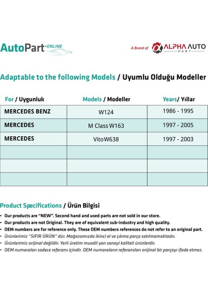 Alpha Auto Part Mercedes M Class W163 Için El Fren Mandalı