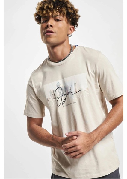 Erkek Jorjoshua Baskı Detaylı Bisiklet Yaka T-Shirt 12228257 Taş