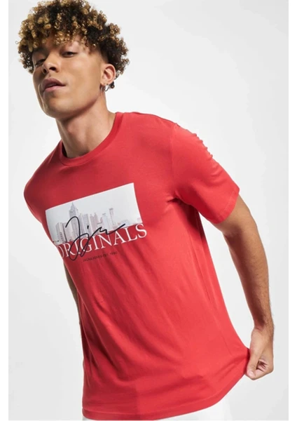 Jack & Jones Erkek Jorjoshua Baskı Detaylı Bisiklet Yaka T-Shirt 12228257 Kırmızı