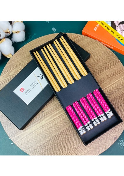 Pembe Desenli Chopstick 5'li Set