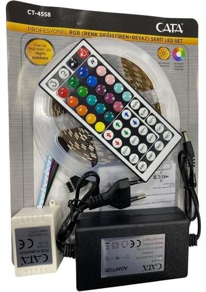 Rgb Şerit LED Seti 5 mt Rgb LED 15 Renk + Trafo + Rgb Kumanda CT-4558