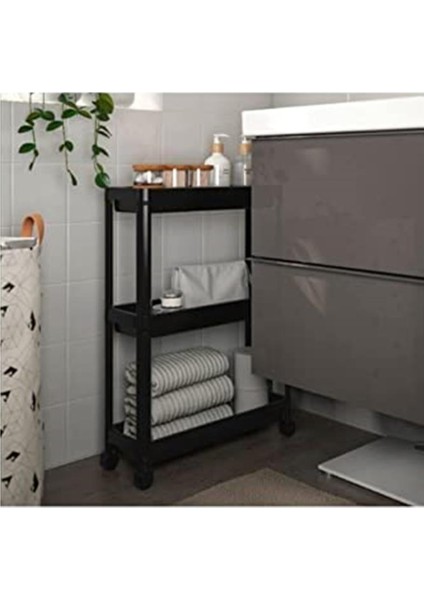 3 Katlı Siyah Tekerlekli Raf Ünitesi - Bayno & Mutfak Raf Ünitesi