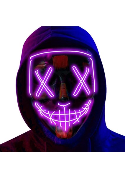 Teknoloji World Hallowen LED Işıklı Neon Maske 3 Modlu Parti Eğlence Maskesi Mor Mor