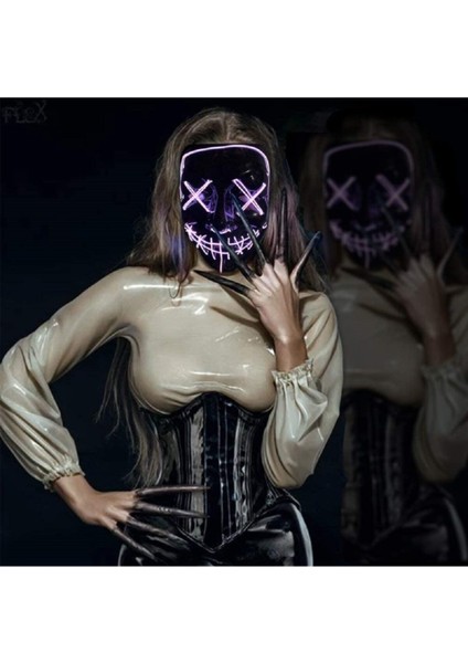 Teknoloji World Hallowen LED Işıklı Neon Maske 3 Modlu Parti Eğlence Maskesi Mor Mor