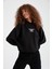 Slogan Baskılı Kapüşonlu Oversize Fit Crop Sweatshirt V1785Az21Au 5