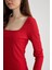 Bodycon Kare Yaka Uzun Kollu Fitilli Kaşkorse Kırmızı Midi Elbise Z5267AZ23SP 4