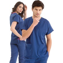 Çizgi Medikal Petrol Mavisi Lüks Likralı Üniforma Takımlar 2XS Yüksek Kaliteli Pamuklu Kumaş