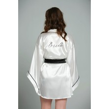 Lasilla Beyaz Saten Yarasa Kol Bride Kimono, Bride Sabahlık