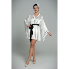 Lasilla Beyaz Saten Yarasa Kol Bride Kimono, Bride Sabahlık