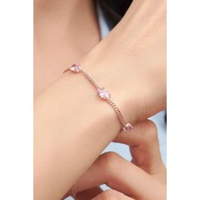 TMT Silver Gümüş Rose Oval Pembe Zirkon Taşlı Gurmet Zincirli Bileklik