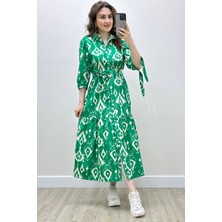 Mazi Butik Yarım Kol Baskılı Poplin Elbise Yeşil