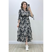 Mazi Butik Yarım Kol Baskılı Poplin Elbise Siyah