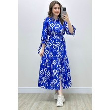 Mazi Butik Yarım Kol Baskılı Poplin Elbise Saks Mavi