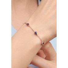 TMT Silver Gümüş Rose Kaplama Mor Ametist Taşlı Damla Model Gurmet Zincirli Bileklik