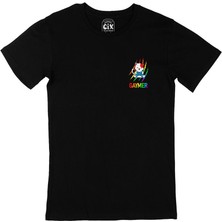 Gaymer Kedi Oyuncu Gamer Cep Tasarım Baskılı Siyah Tişört