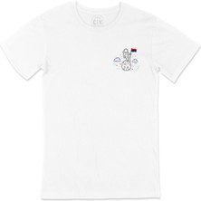 Bayraklı Astronot Çizimli Cep Tasarım Baskılı Beyaz Tişört