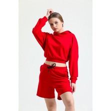 Pulur.co Kırmızı Kapüşonlu Crop Sweatshirt