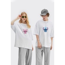Unisex Kadın Erkek Lilo ve Angel Stitch Baskılı Sevgili Çift Kombini Tasarım Oversize T-Shirt 2'li Set