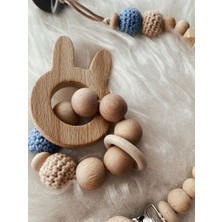 Goer Store Krem-Mavi Orgu Ayicikli Dogal Ahsap Isımlı Bebek Emzik Zinciri - Diş Kaşiyici Set