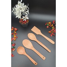 MRS Store Mrsstore Doğal Ahşap 4 Parça Kepçe Kaşık Spatula Servis Seti Ahşap 4 Lü Set