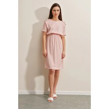 Hazelin Kadın Pembe Elastik Bel Düğme Detaylı Rahat Örme Elbise HZL22S-BD123751