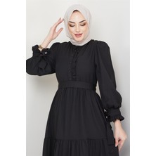 Hafsa Mina Önü Fırfırlı Kolu Bağlamalı Elbise Siyah