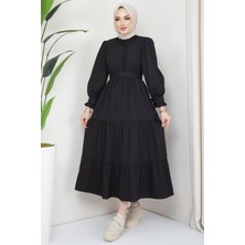 Hafsa Mina Önü Fırfırlı Kolu Bağlamalı Elbise Siyah