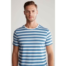Beyaz Lacivert Çizgili Bisiklet Yaka Saf Pamuk T-Shirt