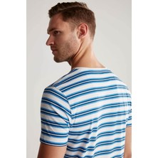 Beyaz Lacivert Çizgili Bisiklet Yaka Saf Pamuk T-Shirt