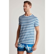 Beyaz Lacivert Çizgili Bisiklet Yaka Saf Pamuk T-Shirt