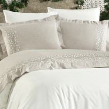 Minelya Home 6 Parça Keten Kumaşlı Pamuk Bitkisi Nakışlı Bej-Beyaz Renk Lima Çift Kişilik Nevresim Takımı
