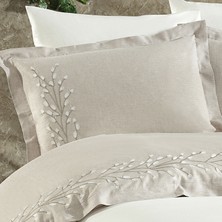 Minelya Home 6 Parça Keten Kumaşlı Pamuk Bitkisi Nakışlı Bej-Beyaz Renk Lima Çift Kişilik Nevresim Takımı
