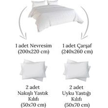 Minelya Home 6 Parça Keten Kumaşlı Pamuk Bitkisi Nakışlı Bej-Beyaz Renk Lima Çift Kişilik Nevresim Takımı
