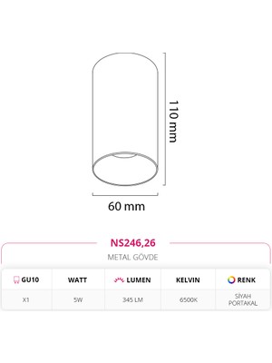 Nevo Sıva Üstü Tavan Armatürü Siyah Portakal 6500K Beyaz Işık NS246