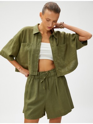 Koton Oversize Crop Gömlek Keten Karışımlı