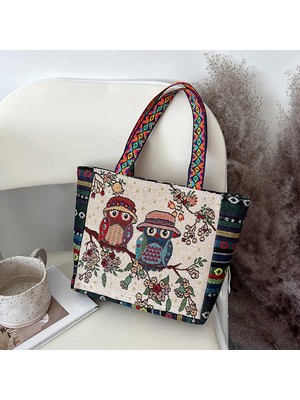 Vintage Style Women Tote Bag Alışveriş Çantaları Alışveriş Için Günlük Çantalar Ev F-Rde Mavi Baykuş (Yurt Dışından)