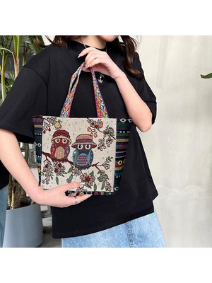 Vintage Style Women Tote Bag Alışveriş Çantaları Alışveriş Için Günlük Çantalar Ev F-Rde Mavi Baykuş (Yurt Dışından)