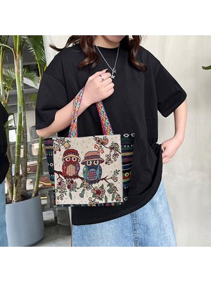 Vintage Style Women Tote Bag Alışveriş Çantaları Alışveriş Için Günlük Çantalar Ev F-Rde Mavi Baykuş (Yurt Dışından)