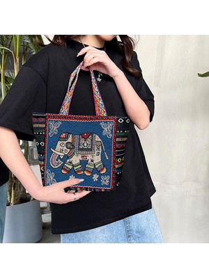 Vintage Style Women Tote Bag Alışveriş Çantaları Alışveriş Için Günlük Çantalar Ev F-Blue Fil (Yurt Dışından)