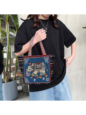 Vintage Style Women Tote Bag Alışveriş Çantaları Alışveriş Için Günlük Çantalar Ev F-Blue Fil (Yurt Dışından)